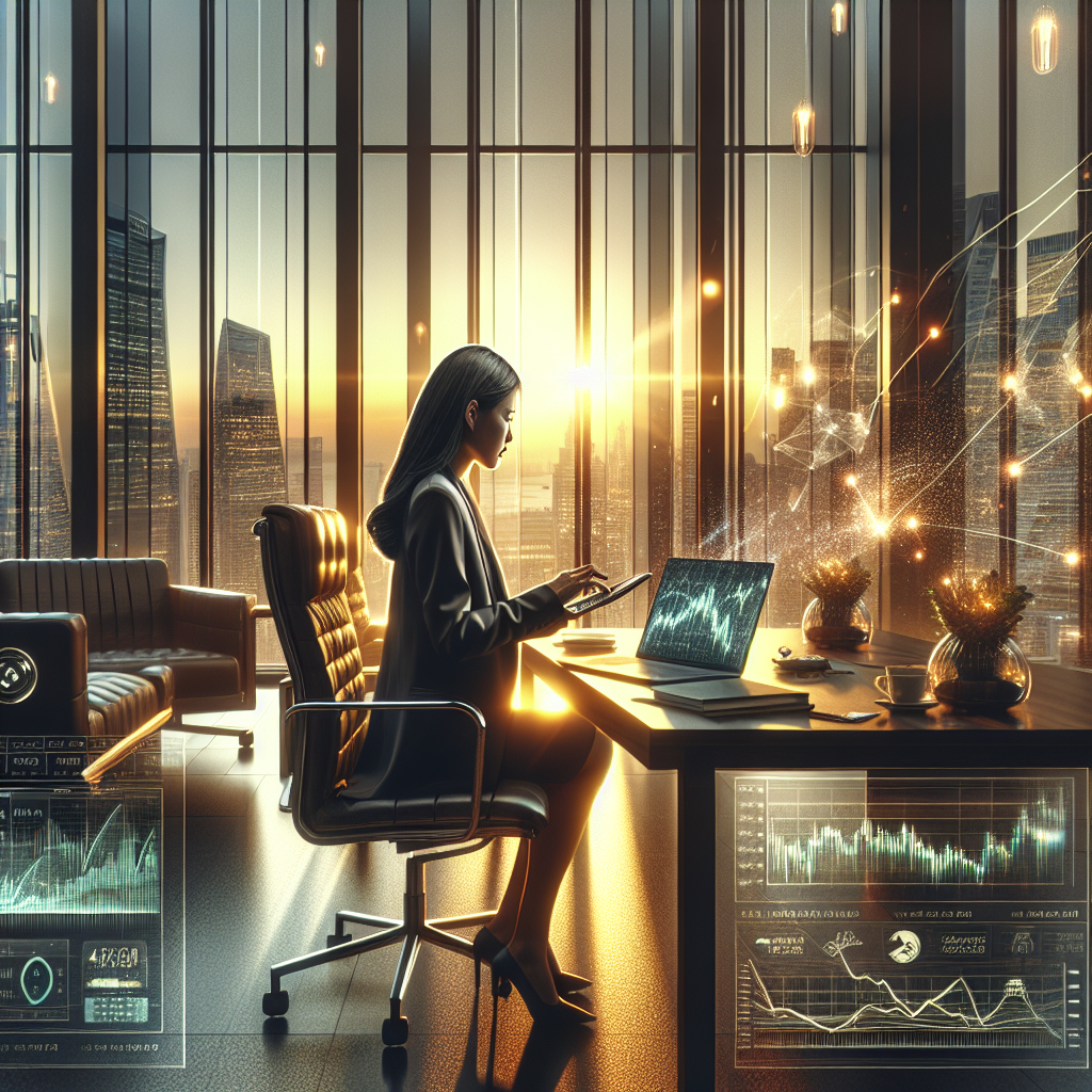 A modern investor office with gadgets and financial graphs, overlooking a cityscape.