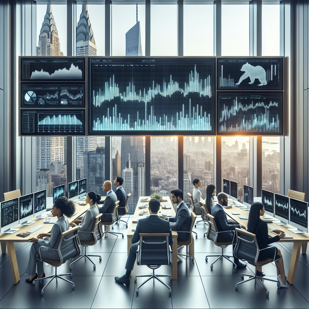 A diverse group of investors analyzing financial data on screens in a modern office.