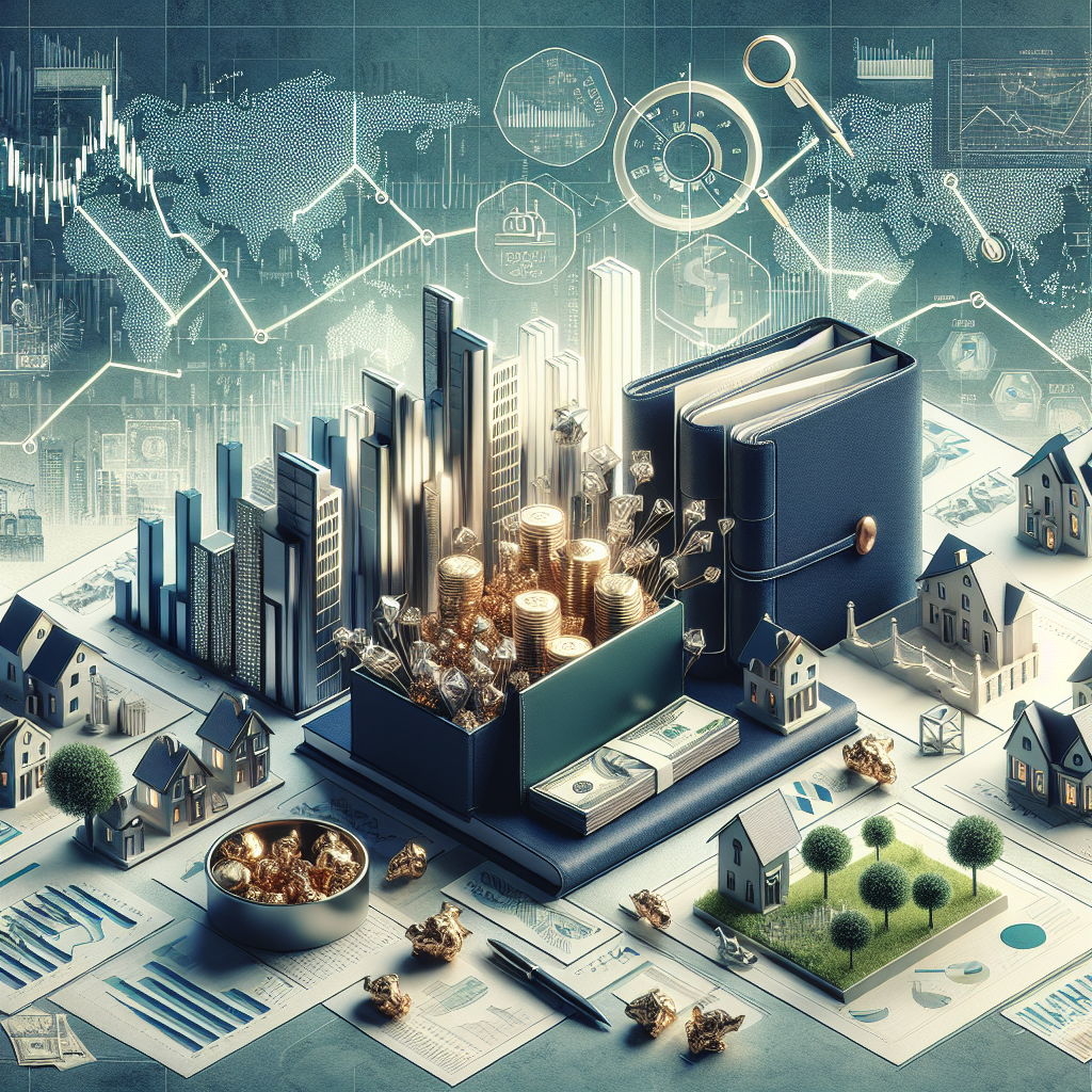 Conceptual illustration of investment strategies with stock graphs, a portfolio, and asset models.