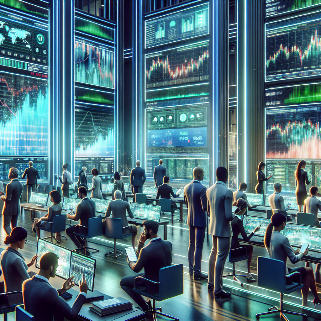 A depiction of a modern stock market floor with investors and digital screens showing financial trends.