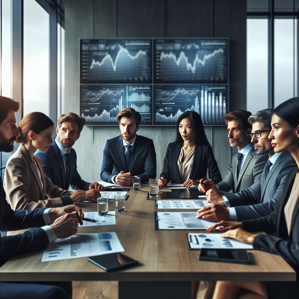 A group of diverse investment professionals in a strategy discussion around a conference table with financial charts in the background.
