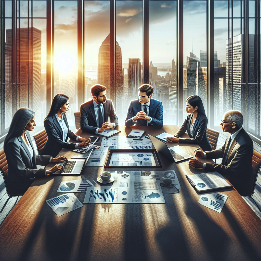 Professionals having an investment strategy discussion in a modern office.