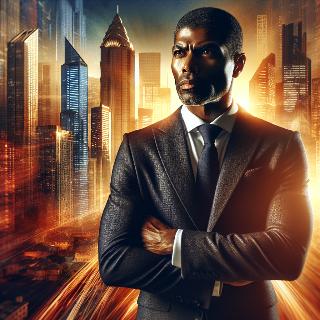 A determined entrepreneur in a business suit against a city skyline at sunset.