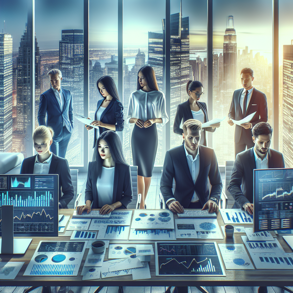 Diverse group of financial analysts reviewing investment strategies in a modern office.