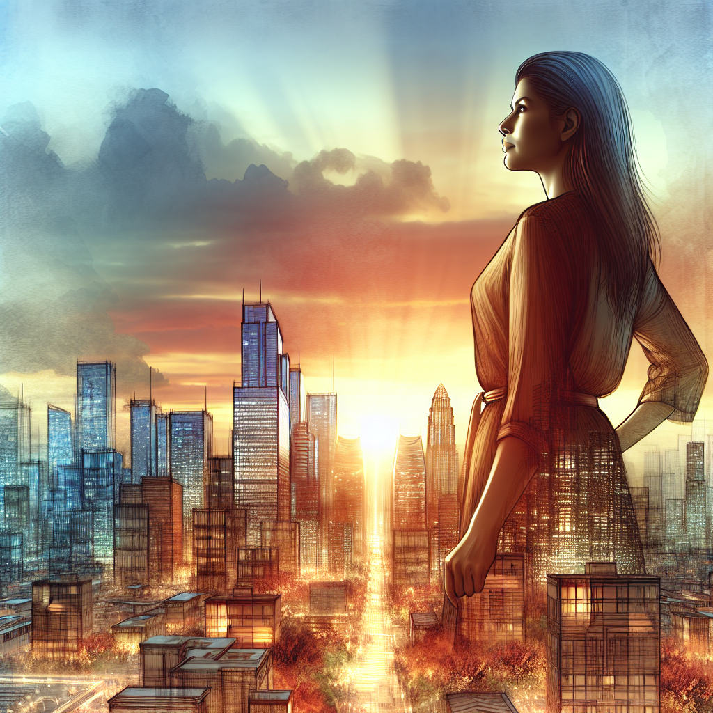 Person looking over a modern city at sunrise, symbolizing entrepreneurial success.