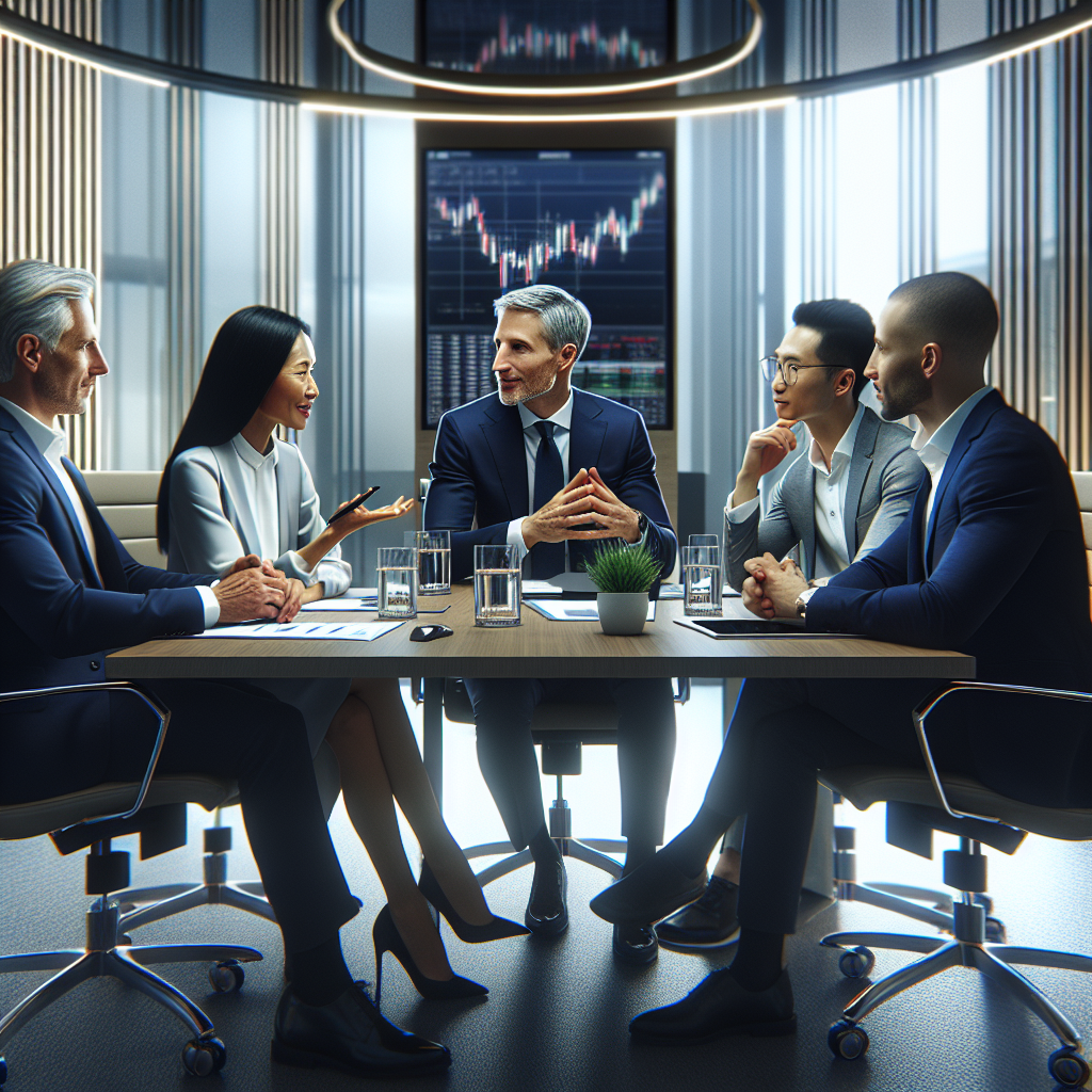 Diverse professionals in a lively investment strategy discussion around a conference table with a digital stock market graph in the background.