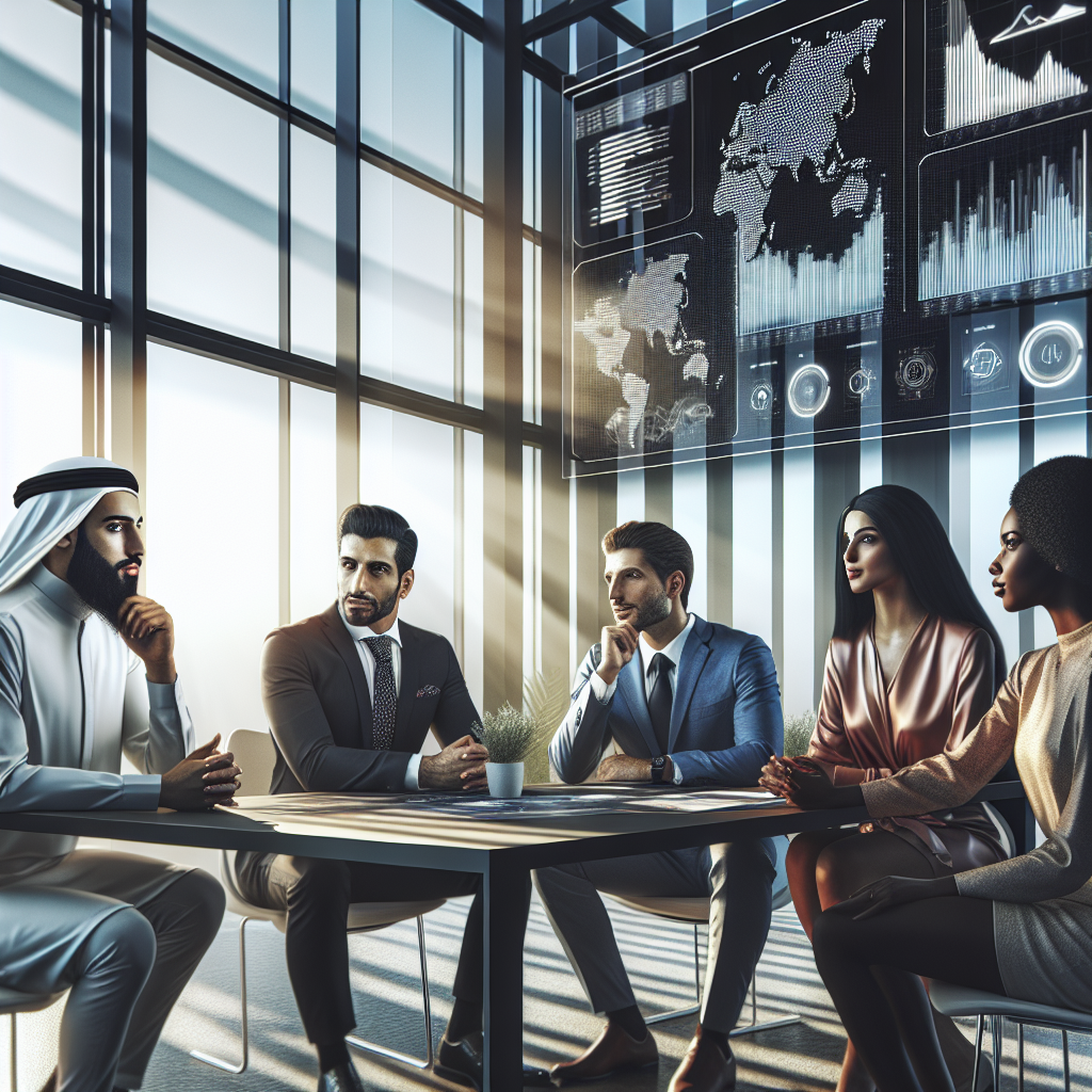 Professional analysts discussing financial strategies around a table with digital data displays.
