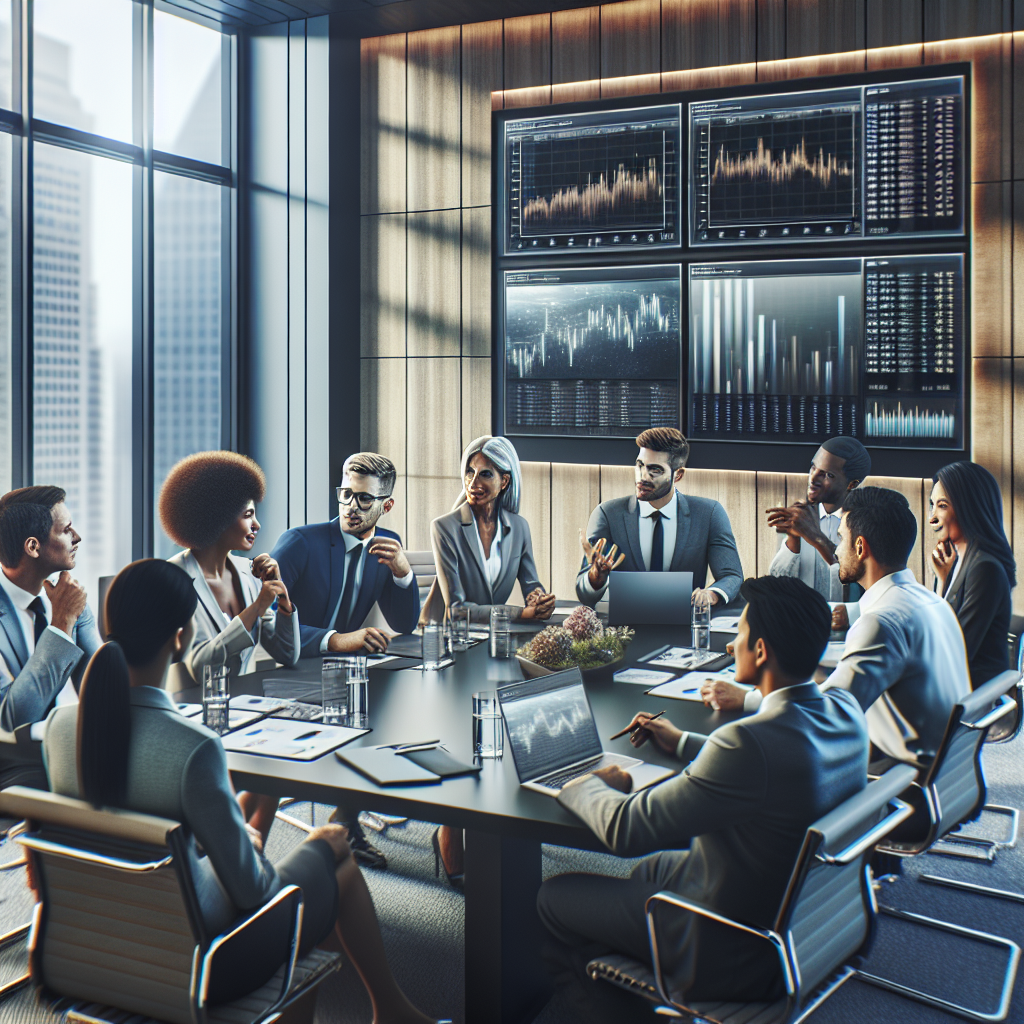 Diverse financial professionals having a discussion in a modern conference room.