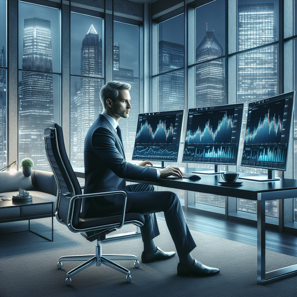 Financial strategist analyzing market charts in a modern office setting.