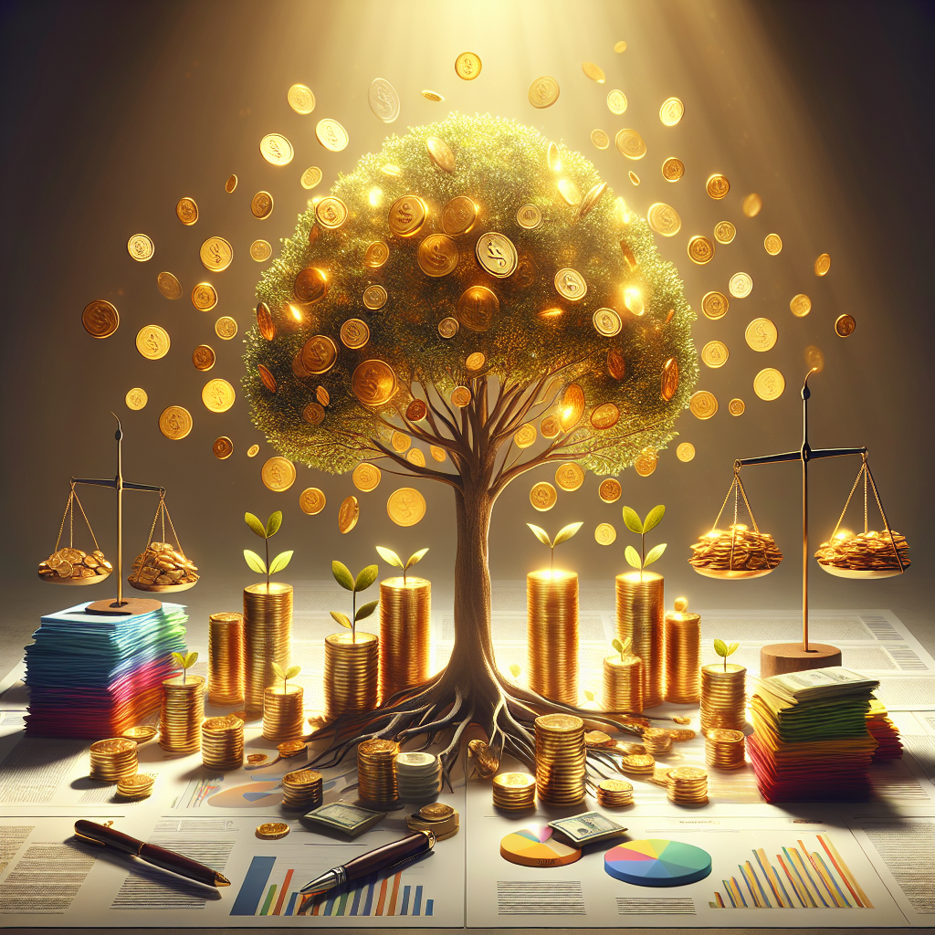 A realistic depiction of wealth-building principles in investing with a tree, documents, and balance scale.