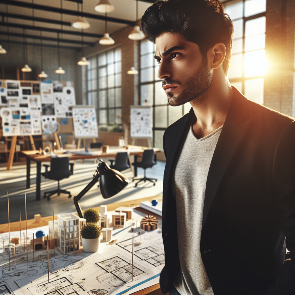 An entrepreneur in an office with blueprints and prototypes, symbolizing innovation.