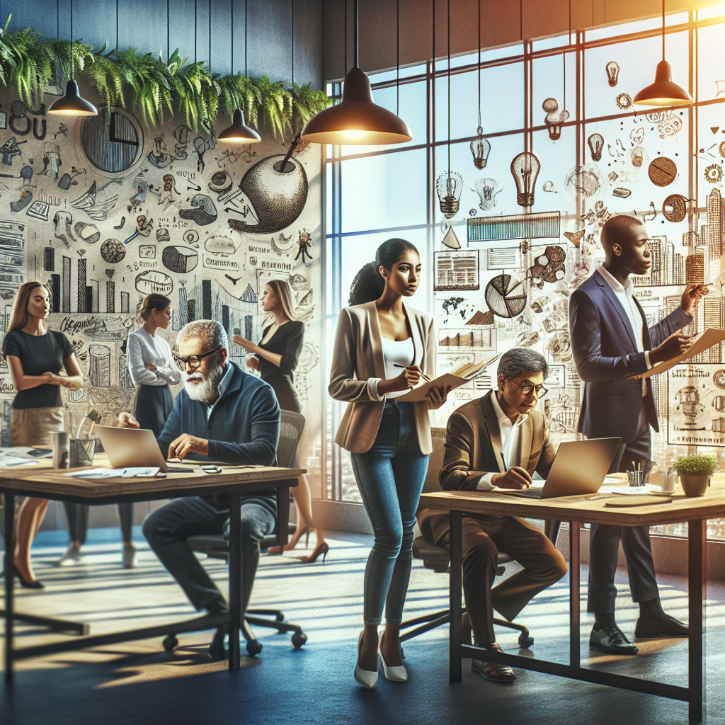 A group of diverse entrepreneurs in a modern office, brainstorming new ideas.