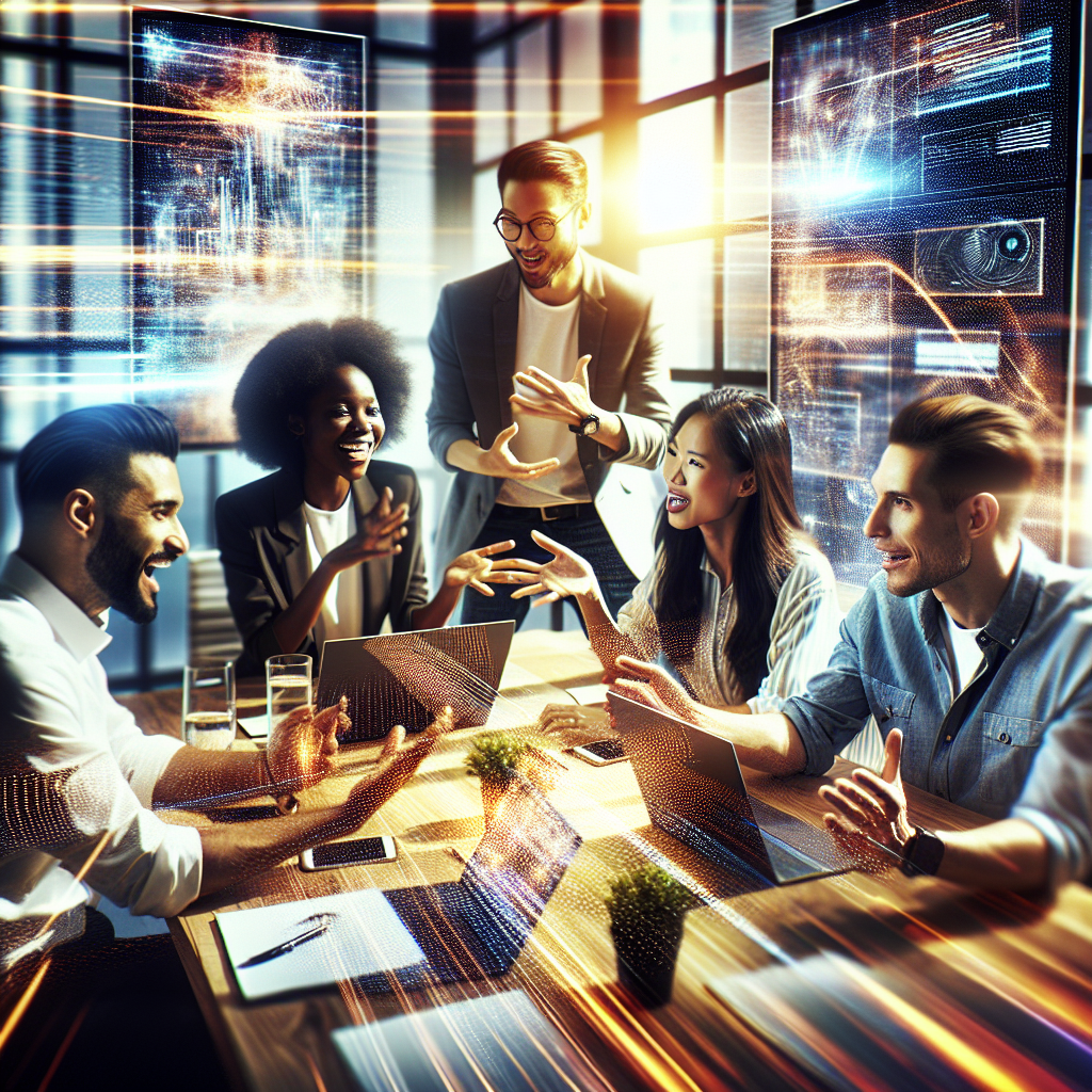 A group of diverse entrepreneurs brainstorming in a modern office setting, symbolizing innovation and creativity.
