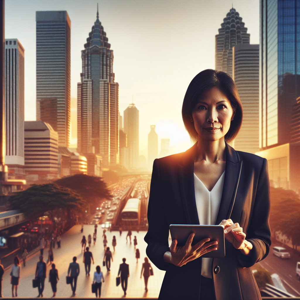 Entrepreneur standing in a cityscape at sunrise, symbolizing innovation and modern business.