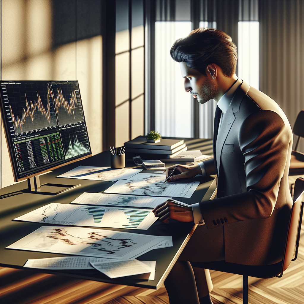 A realistic illustration of a 30-year-old analyzing financial charts at a desk.
