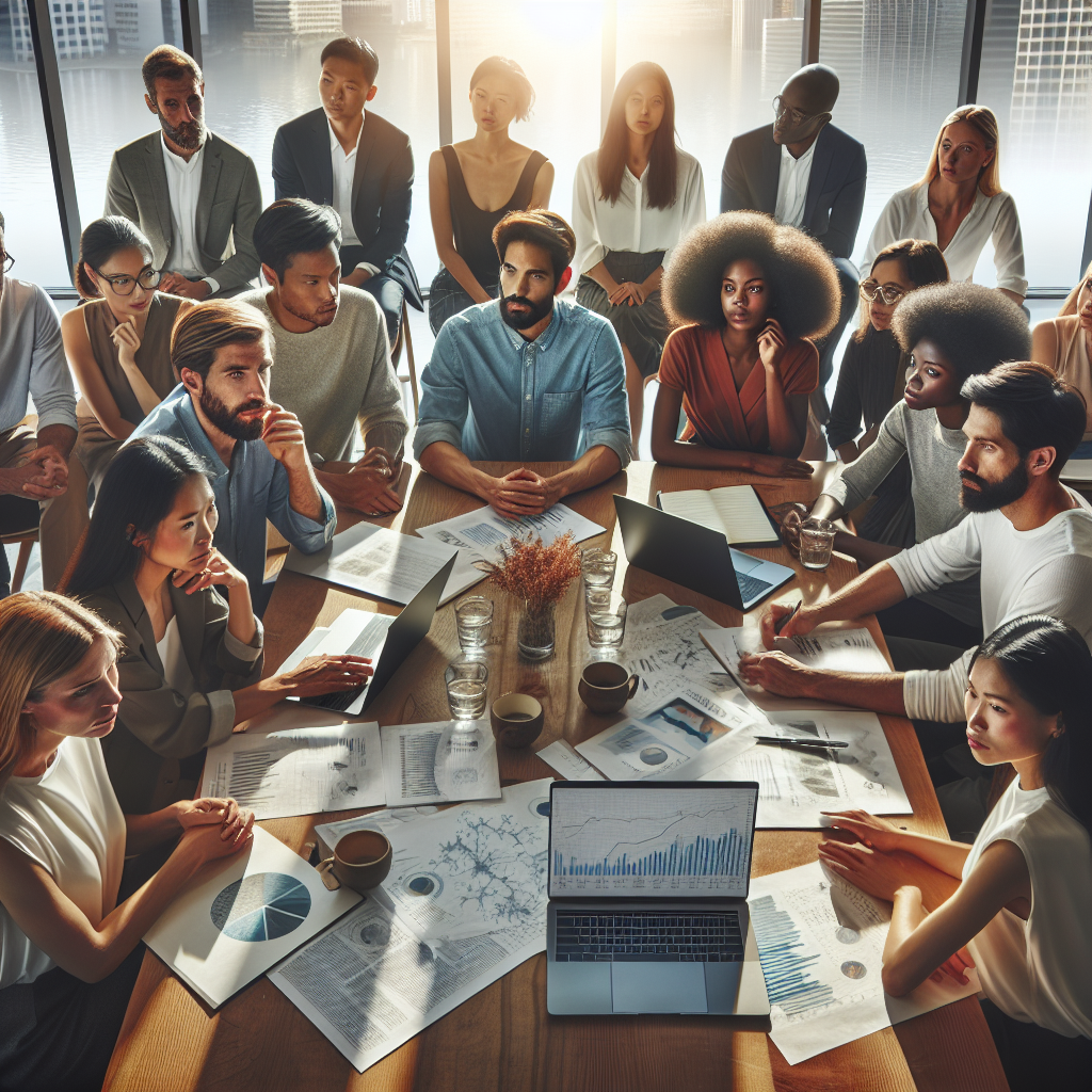 A group of 30-year-old diverse individuals discussing investment strategies in a bright, modern office setting.