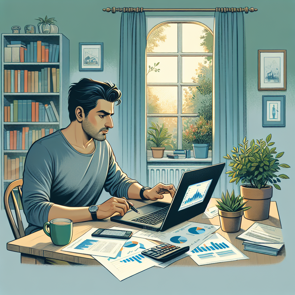 A 30-year-old focused on financial planning at a home office desk.