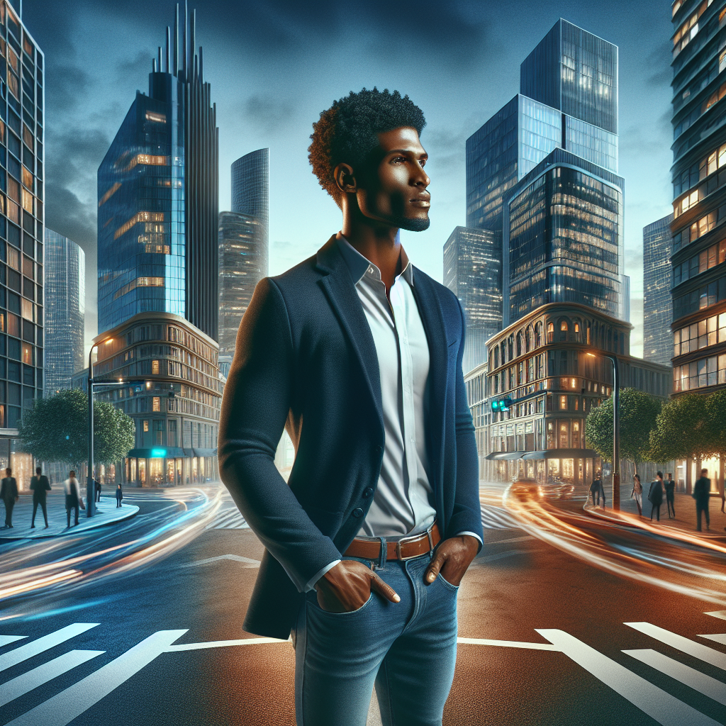 A young entrepreneur standing at a city crossroads, symbolizing opportunities and challenges.