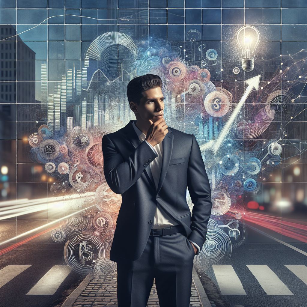 An entrepreneur contemplating opportunities and risks with symbolic elements in a city setting.