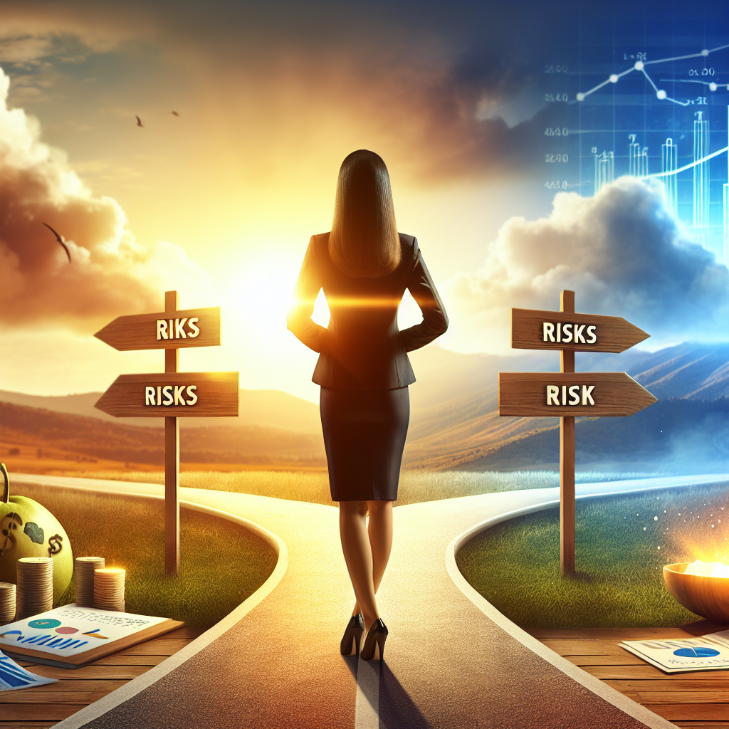 Entrepreneur contemplating risks and rewards at a crossroads.