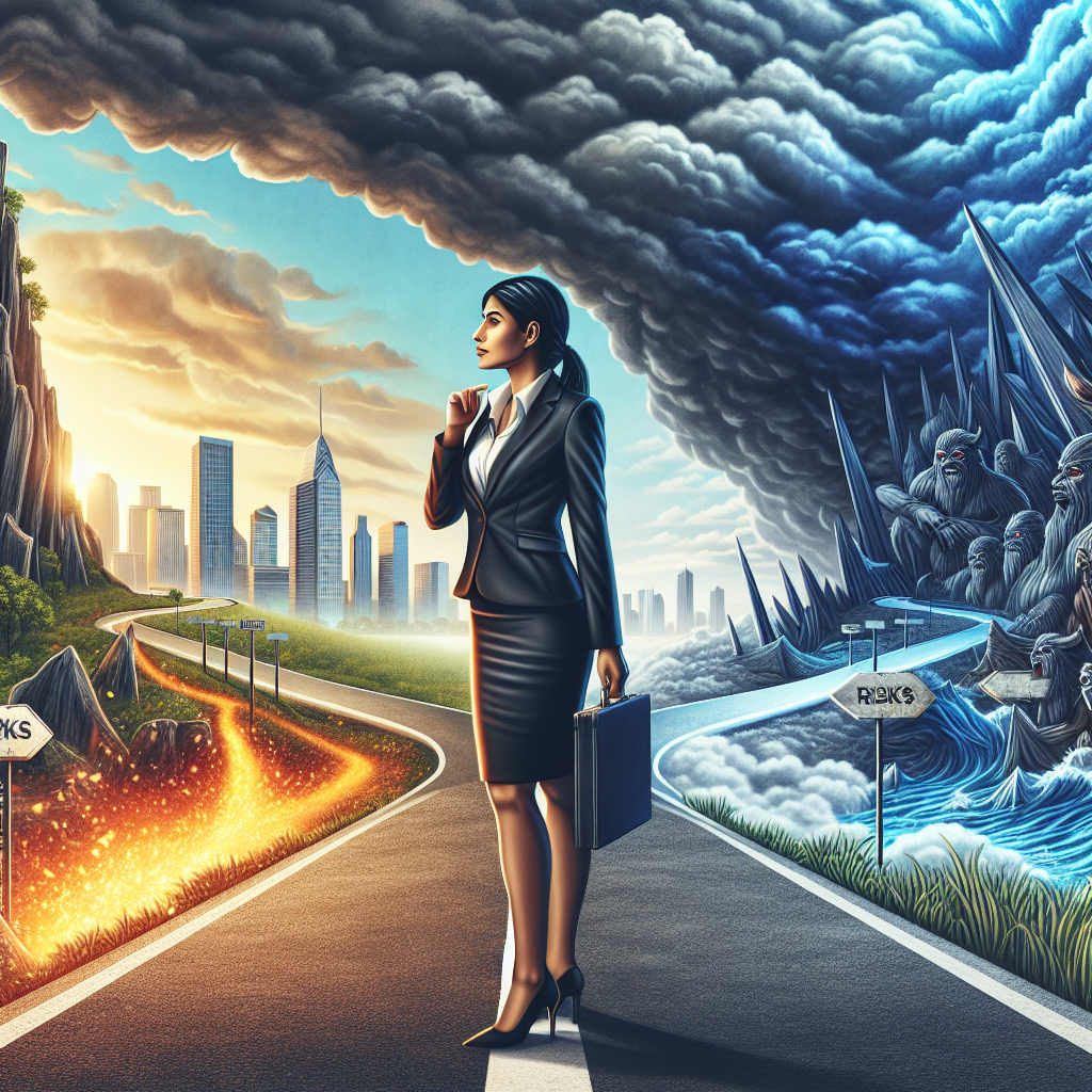 Entrepreneurship journey with risks and rewards, featuring a businessperson at a crossroads.