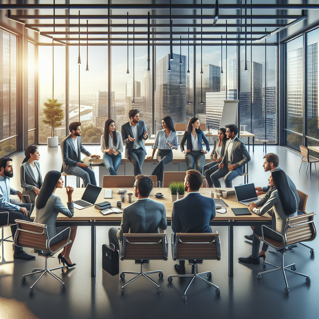 Diverse group of entrepreneurs in a modern office setting having a discussion.