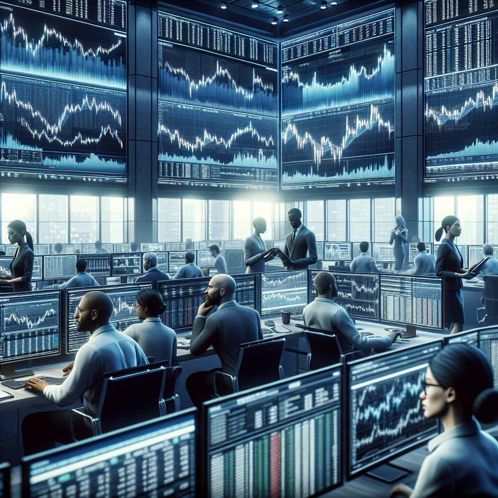 Realistic depiction of a bustling stock market environment with traders and financial graphs.
