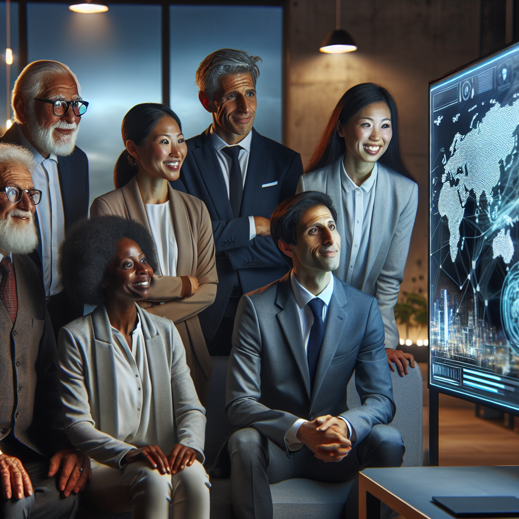 A diverse group of entrepreneurs watching a documentary in a modern, futuristic setting.