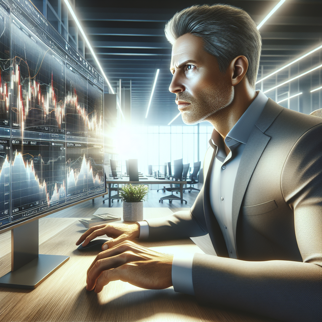An investor in a modern office analyzing stock charts on a computer screen.