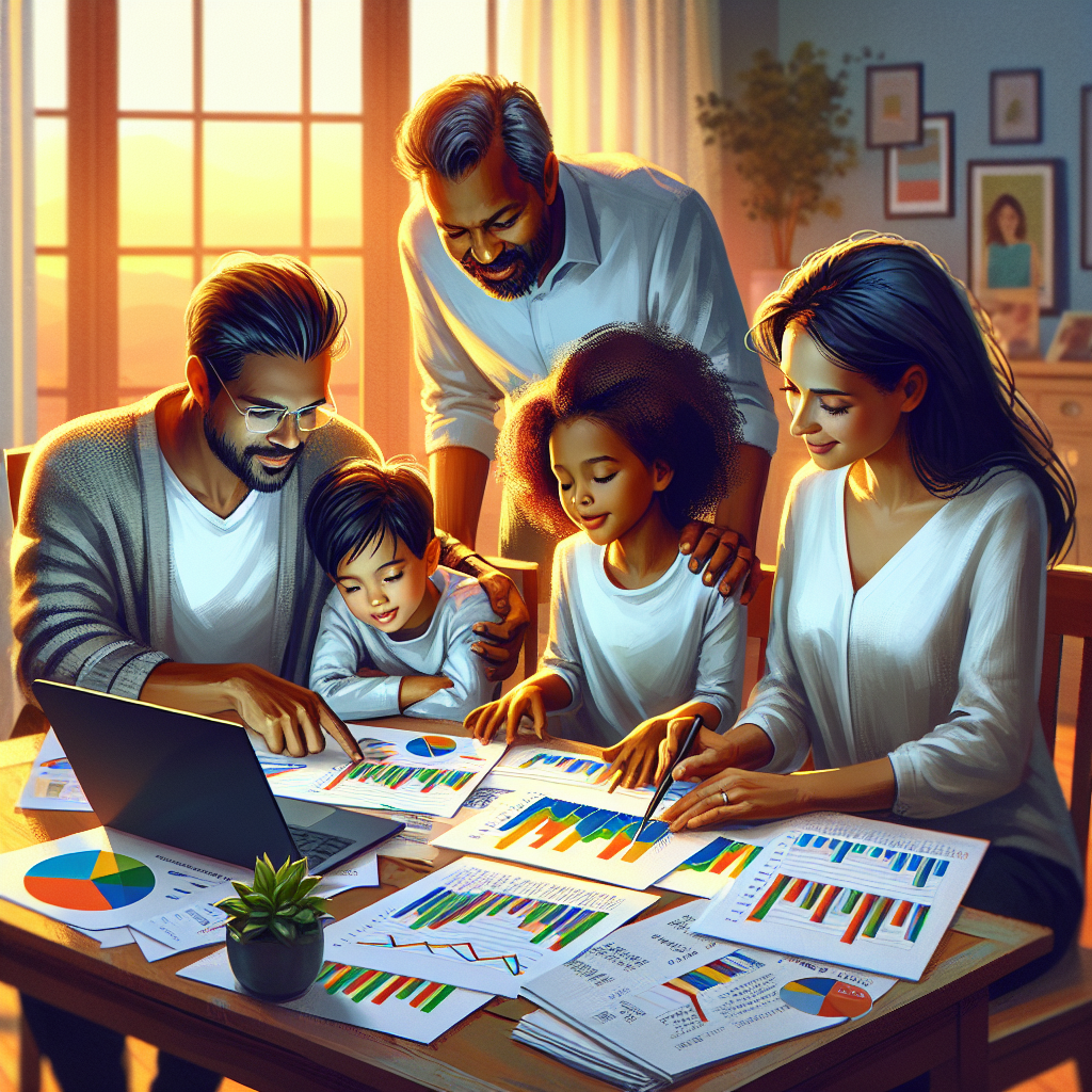 A family discussing financial plans around a table with charts and a laptop.