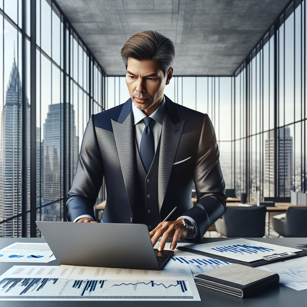 Investor analyzing financial data in a modern office setting.