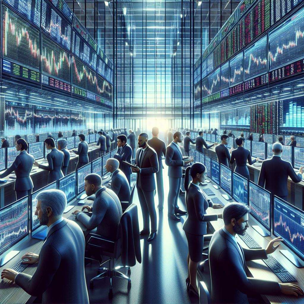 Traders working on a stock market trading floor with digital screens showing market data.