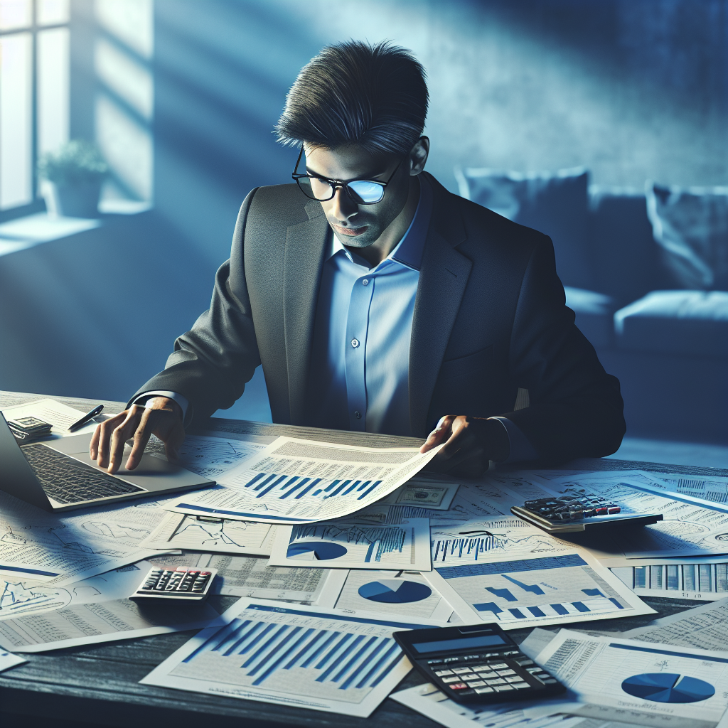 A person studying investment papers at a desk with financial graphs on a laptop and charts around.