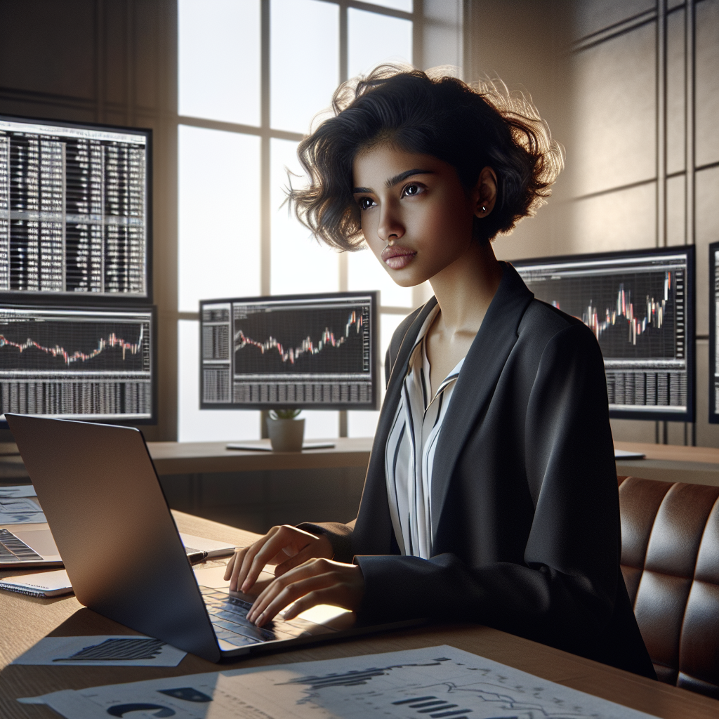 A young adult investor studying investment options at a desk with financial data displayed on screens.