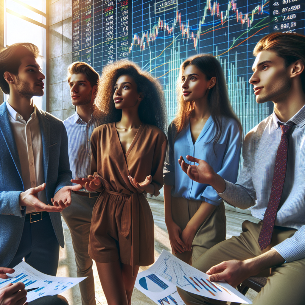 A group of young adults discussing investment strategies in a modern financial setting.
