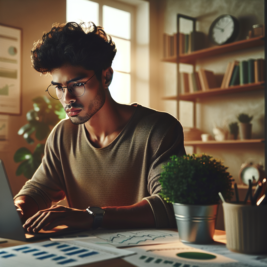 Young adult doing investment research in a modern, warm-lit room.