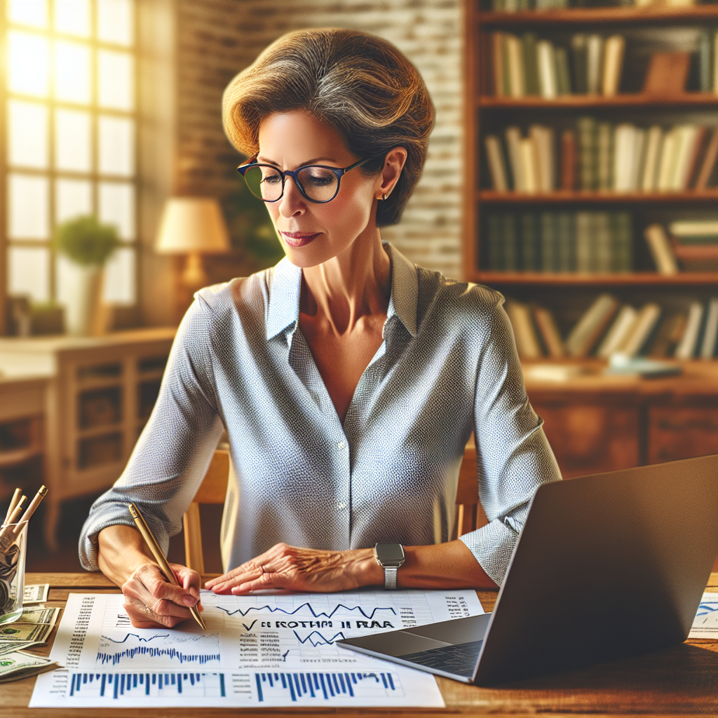 A mature woman planning Roth IRA investment strategies at a table with financial documents and a laptop.