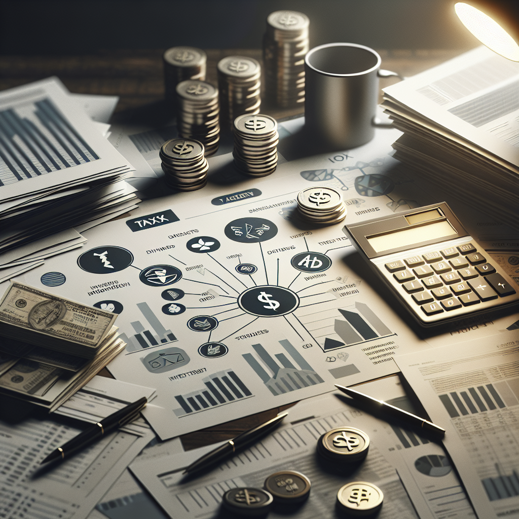 Workspace table with financial documents, tax forms, and calculators depicting investment taxation concepts.