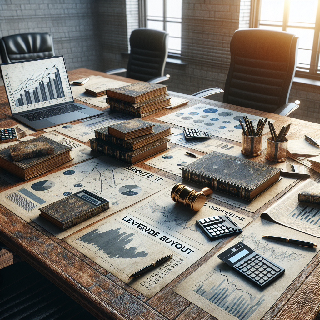 A realistic financial boardroom table with documents and devices depicting a leveraged buyout session, emphasizing strategic planning atmosphere.