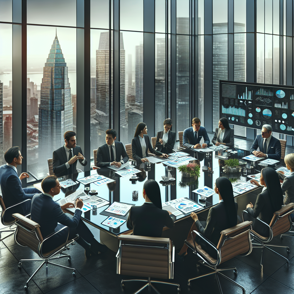 Corporate boardroom symbolizing a leveraged buyout with business people, financial graphs, and a city view.
