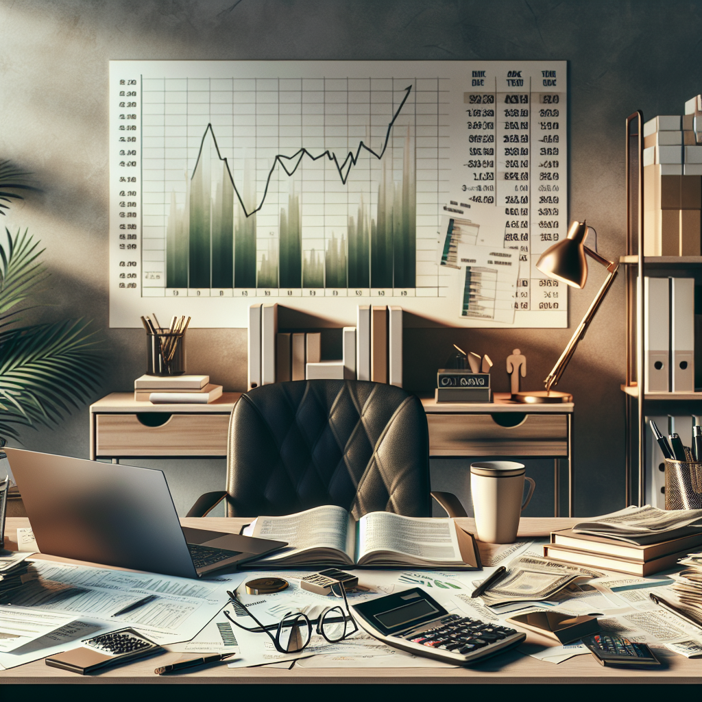 Financial advisor's workspace with financial documents and stock market graphs.