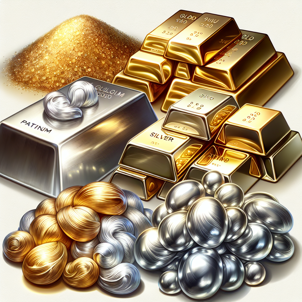 Realistic depiction of diverse precious metals like gold, silver, platinum, and palladium.