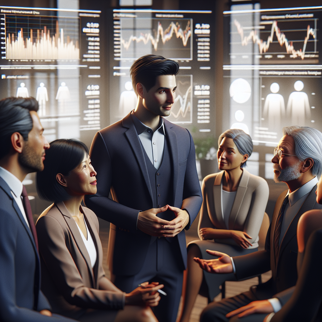 A diverse group of people of various ages discussing investment strategies with financial charts in the background.