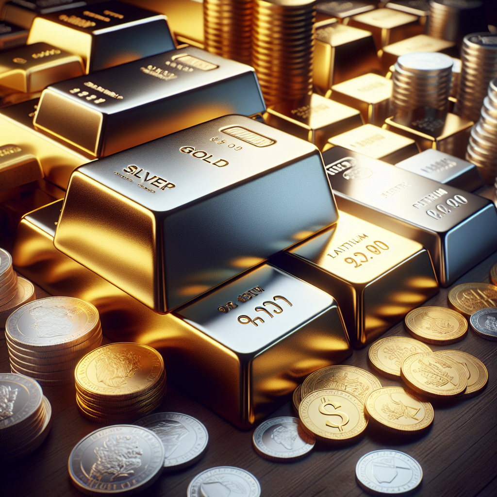Stacks of gold, silver, platinum, and palladium bars and coins on a wooden table.