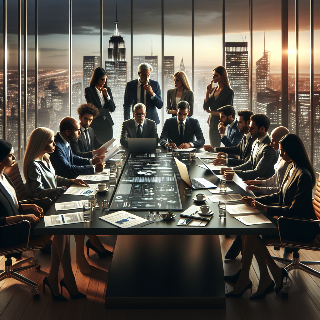 Illustration of financial professionals in an office discussing a leveraged buyout.