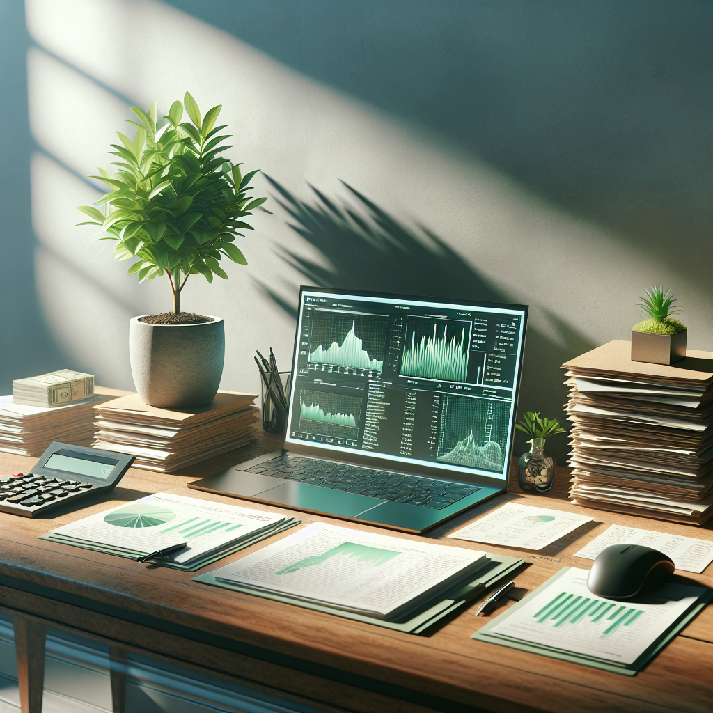 A realistic depiction of a financial desk setup with tax documents, a calculator, and a laptop showing financial graphs.
