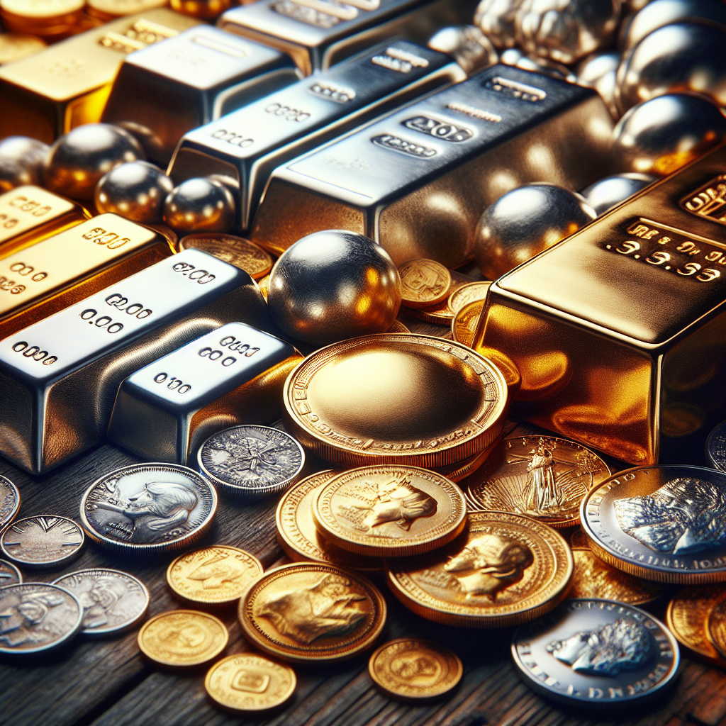 Realistic image of gold bars, silver coins, and platinum ingots on a table.