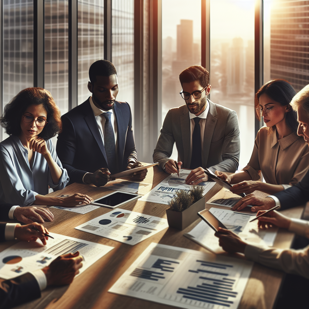 A diverse group of people discussing investment strategies around a table in a modern office.