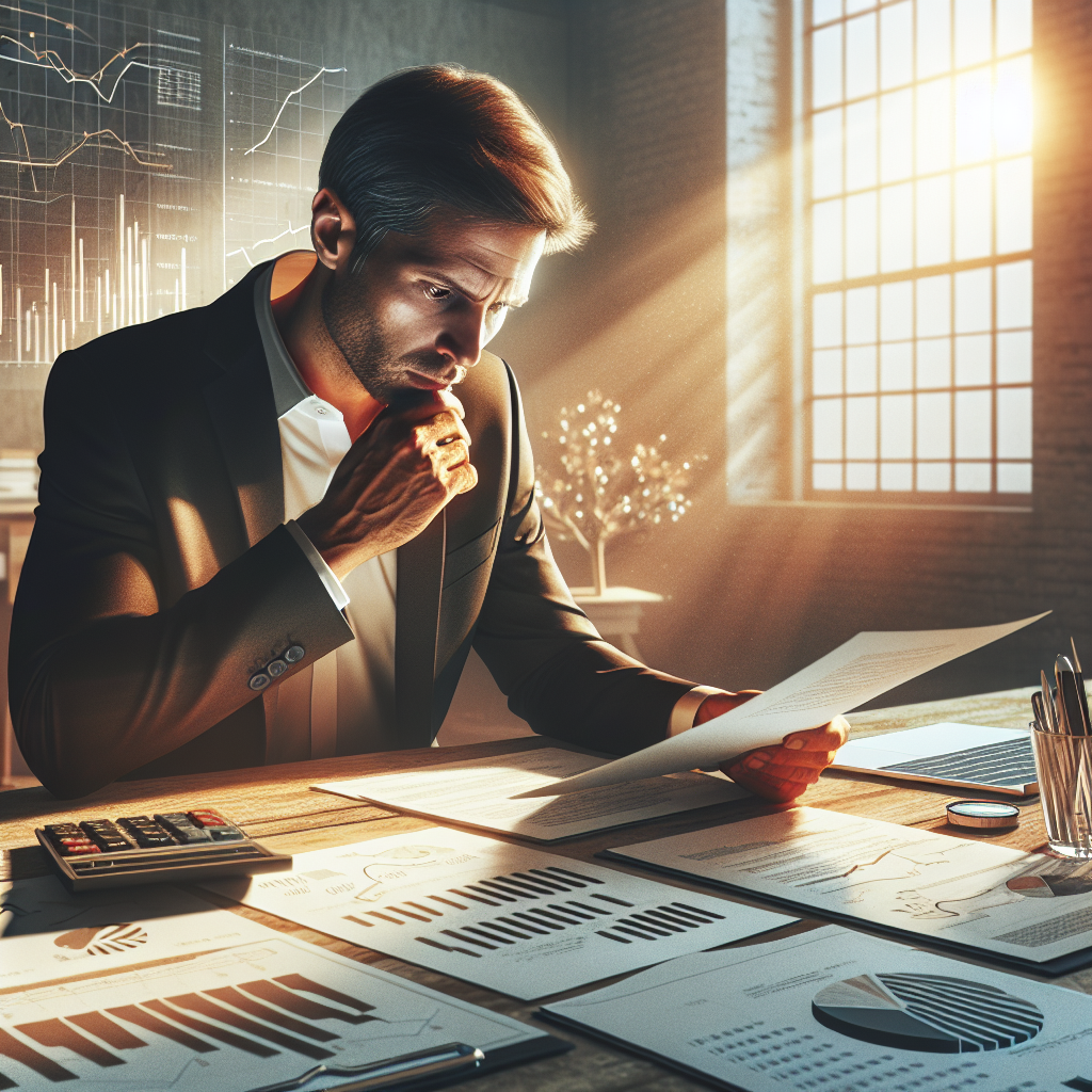 Person reviewing investment documents at a desk with charts and a laptop.