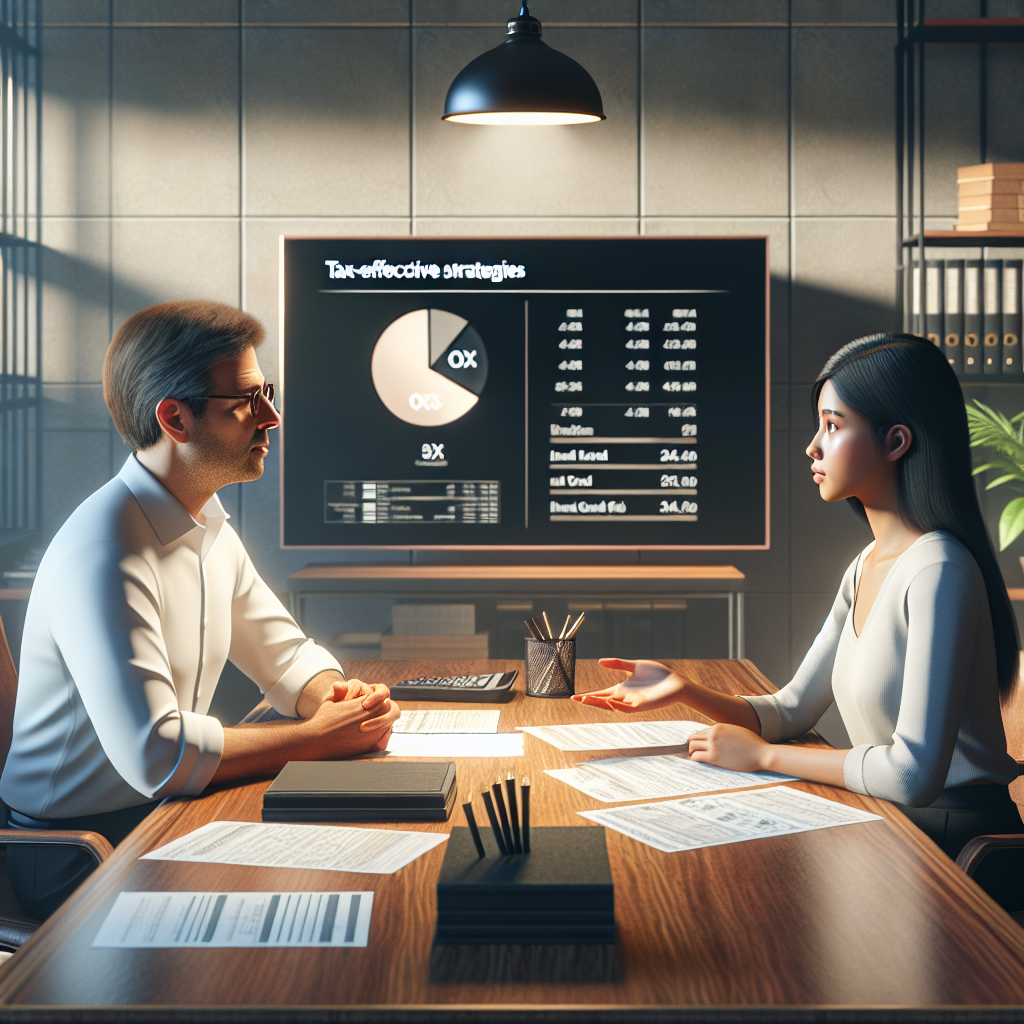 Financial advisor explaining tax-effective investment strategies in an office setting.